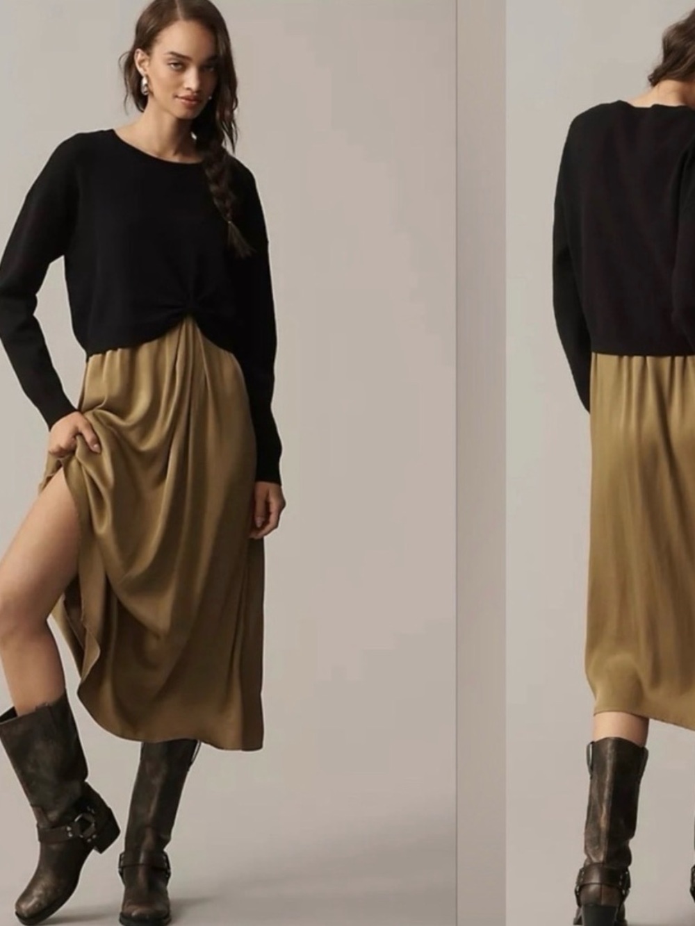Anthropologie Black Sweater Top with Olive Brown Satin Maxi Skirt